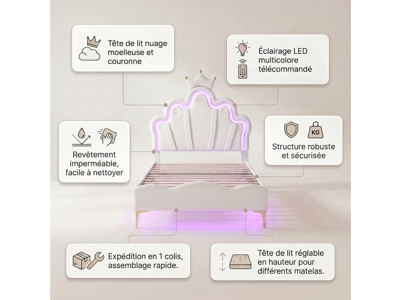  Lit enfant 90x190, lit simple 90x190, éclairage led et tête de lit réglable, style princesse nuage, sommier à lattes, blanc  - Conforama C