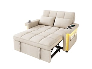 Canapé convertible 2 places en chenille avec led, fonction lit, dossier réglable 3 positions, usb-c, porte-gobelets et rangement - beige
