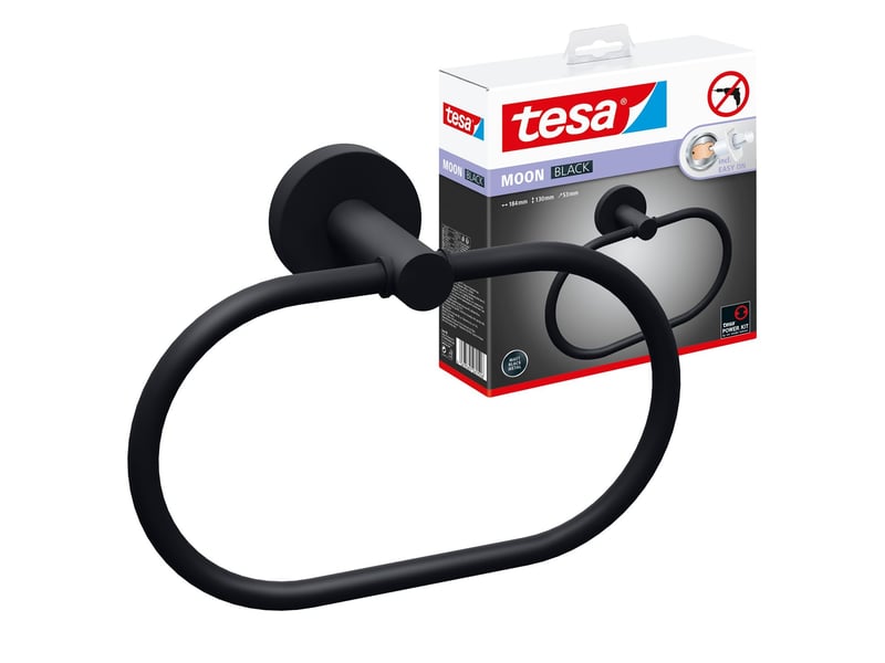  Tesa moon black porte-serviettes anneau, noir mat, adhésif, technologie sans percer, 53 mm x 184 mm x 130 mm  - Conforama A