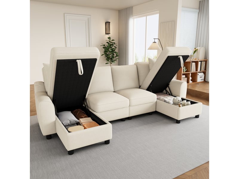  Canapé panoramique en u, tissu chenille beige 4 places, canapé d'angle modulable avec coffre de rangement pour grand salon moderne  - Conforama B