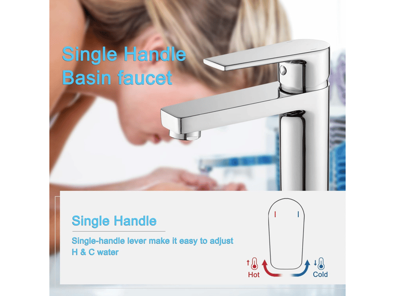  Mitigeur lavabo, robinet mélangeur avec poignée carrée, laiton chrome pour salle de bain (chaudefroide)  - Conforama D