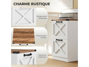 Caisson de bureau avec 2 tiroirs, dossiers suspendus pour formats lettrea4, 40x40x71cm, style rustique, blanc