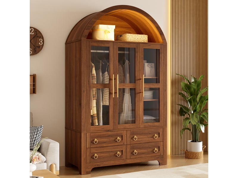  Armoire vitrée avec penderie 110x50x186cm, 3 portes avec inserts vitrés, 4 tiroirs, led par application, sommet en arche, poignées alu, noyer  - Conforama B