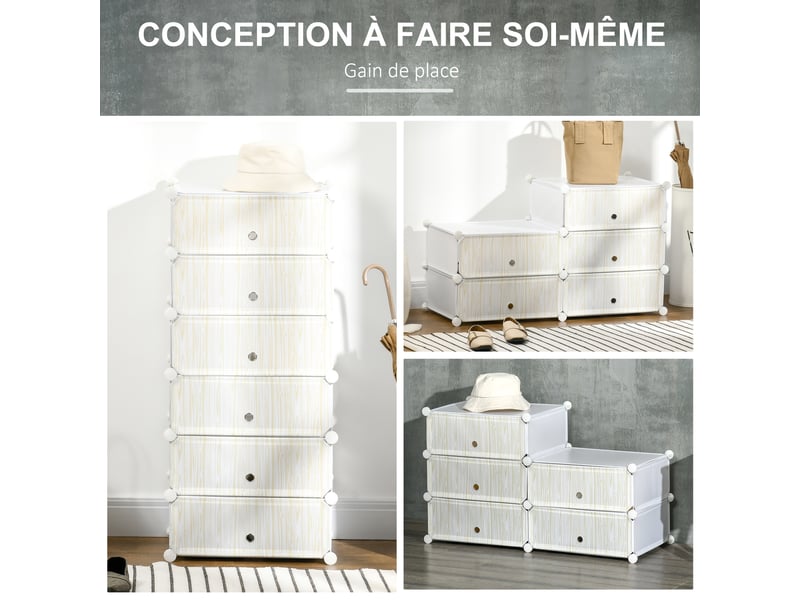  Armoire à chaussures modulable, 49 x 36,5 x 108 cm blanc, meuble de rangement avec 6 cubes empilable en plastique  - Conforama E