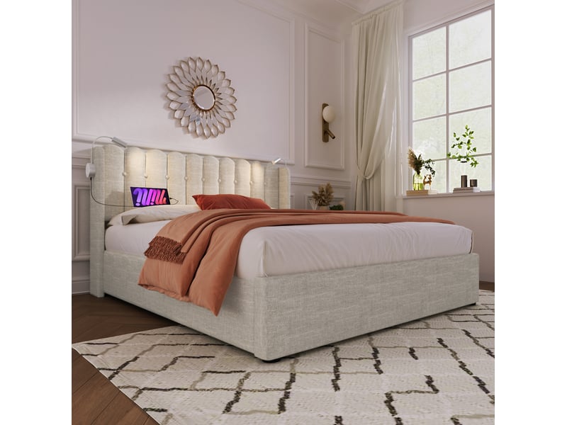  Lit double avec rangement, liseuses et ports usb 140 x 200 cm beige naturel  - Conforama D