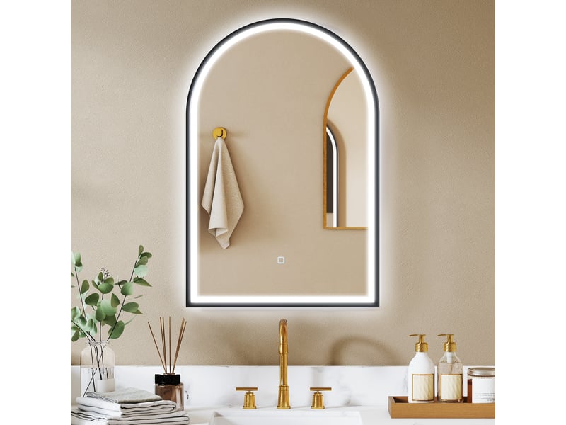  Miroir de salle de bain avec éclairage intégré 60 x 90 cm, miroir mural arqué, 3 couleurs d'éclairage, luminosité réglable, fonction antibuée, noir  - Conforama C