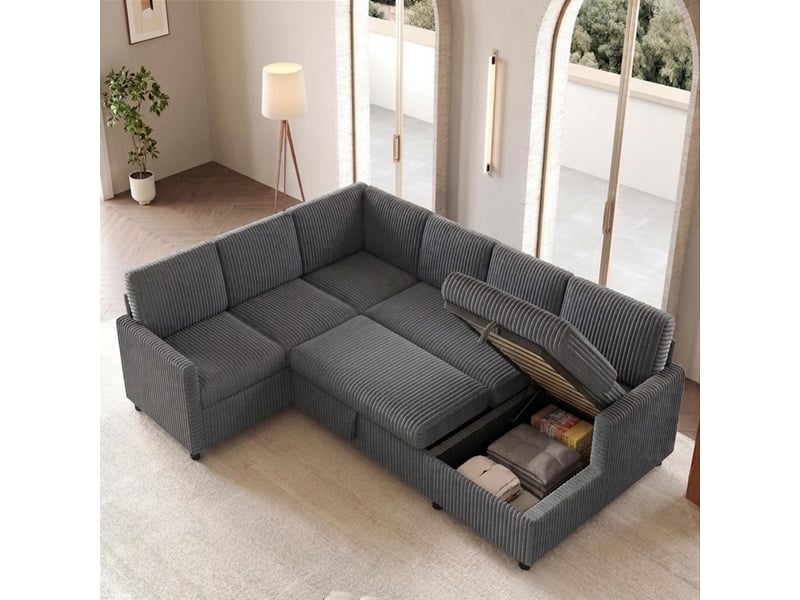  Canapé panoramique gris en velours côtelé, 220 × 274 × 85 cm, avec couchage et rangement, pour salon  - Conforama E
