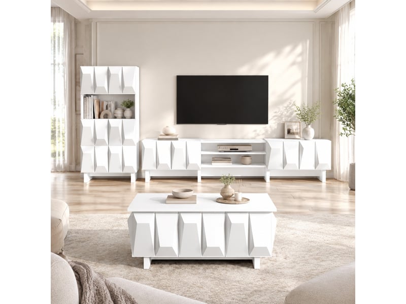 Ensemble meuble tv blanc 3 pièces à façades 3d géométriques, avec vitrine et table basse de rangement - Conforama B