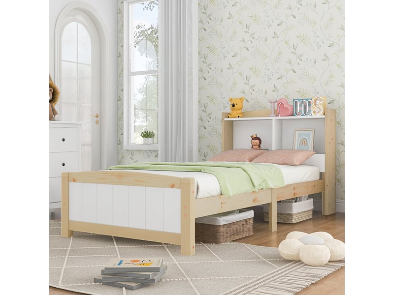  Lit simple tcqpz avec tête de lit de rangement 90 x 200 cm bois naturel et blanc  - Conforama E
