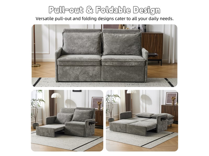Canapé convertible 3-en-1 avec dossier réglable et usb - poches latérales chenille gris 172,5 × 71 × 95 cm - Conforama C