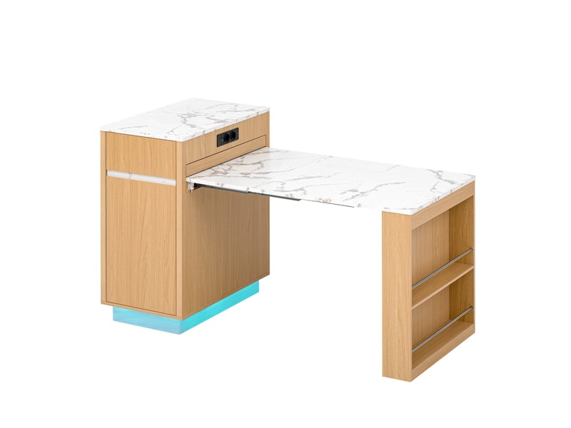  Îlot de cuisine extensible avec roulettes, éclairage led et prises usb type-c, naturel et blanc marbré  - Conforama D