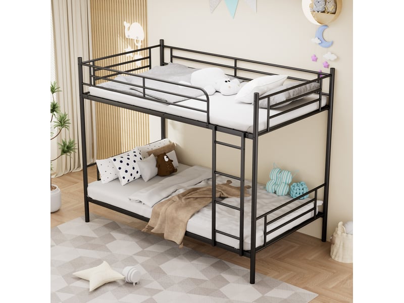  Lit superposé enfant 90x190 cm en acier noir, avec échelle et barrières de sécurité, pour chambre, sans matelas  - Conforama E