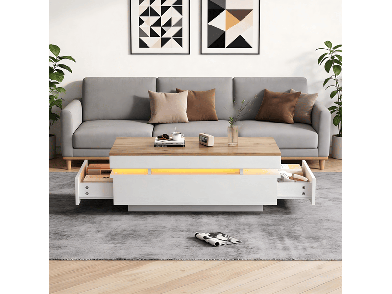  Table basse avec éclairage led 100x50x35 cm, panneau de particules, 2 tiroirs, surface brillante, coloris blanc + ton bois  - Conforama D