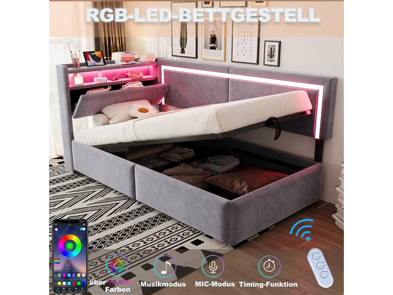  Lit simple 90x200 cm avec éclairage led et port usb, canapé-lit rembourré avec tête de lit en velours, gris clair, lit à vérins  - Conforama R