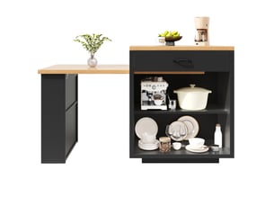 Îlot de cuisine extensible moderne avec éclairage led, 2 tiroirs, étagères réglables, portes en verre strié, plan de travail en mdf
