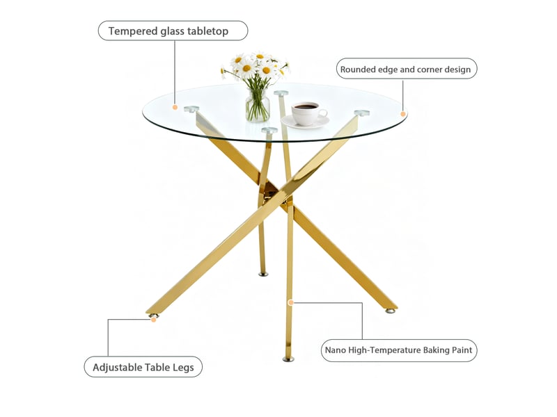  Table à manger ronde – plateau en verre trempé et pieds métalliques dorés – ø 80 x h 76 cm  - Conforama E