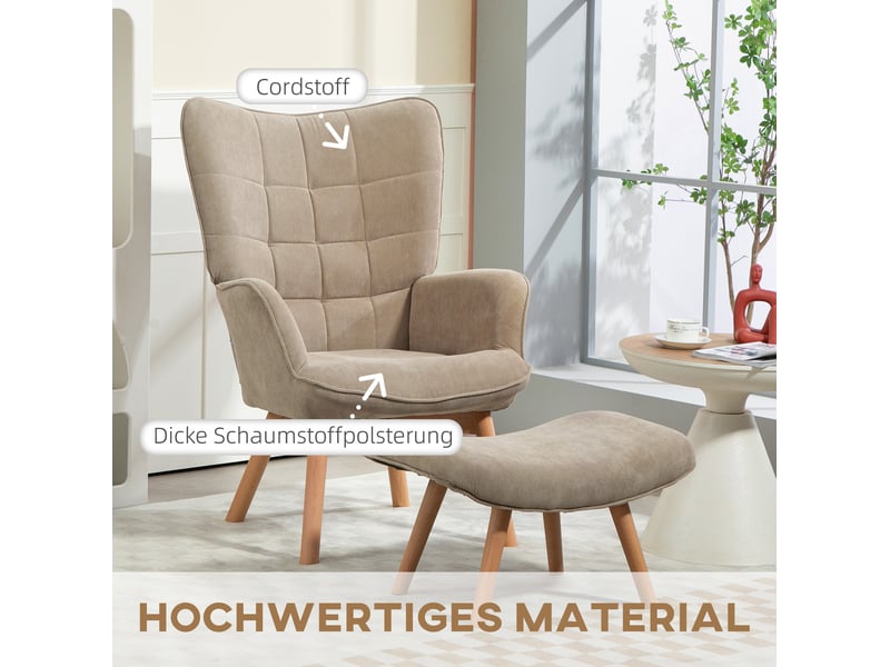  Fauteuil avec pouf assorti, dossier capitonné et patins réglables, pieds en bois de hêtre et polyester kaki  - Conforama E