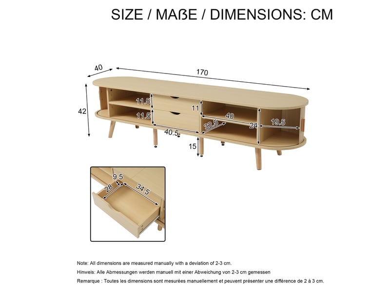  Meuble tv avec 2 tiroirs et 2 portes coulissantes pour salon en mdf 170×40×42 cm chêne clair  - Conforama E
