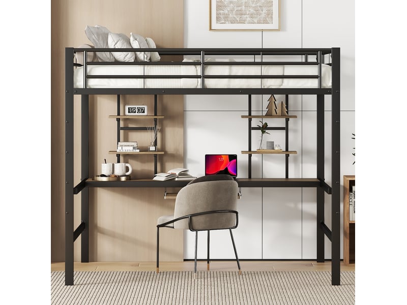  Lit mezzanine 140x200 cm avec bureau et 2 étagères noir  - Conforama E