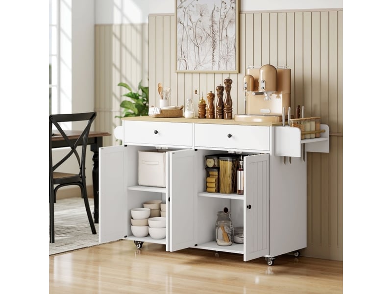 Îlot de cuisine mobile 147x43x89 cm 2 tiroirs 2 placards porte-serviettes porte-couteaux mdf blanc - Conforama B