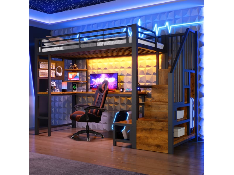  Lit mezzanine 90x200 cm noir avec bureau, rangements, led, usb et usb-c, pour chambre enfant, sans matelas  - Conforama E