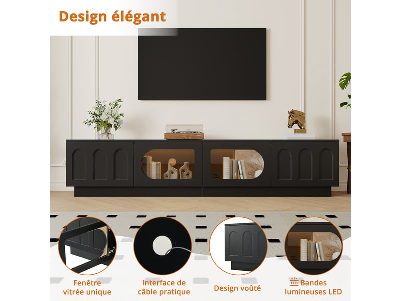  Meuble tv 4 portes led avec vitrines et passe-câbles pour salon 200×40×42 cm en mdf noir  - Conforama D