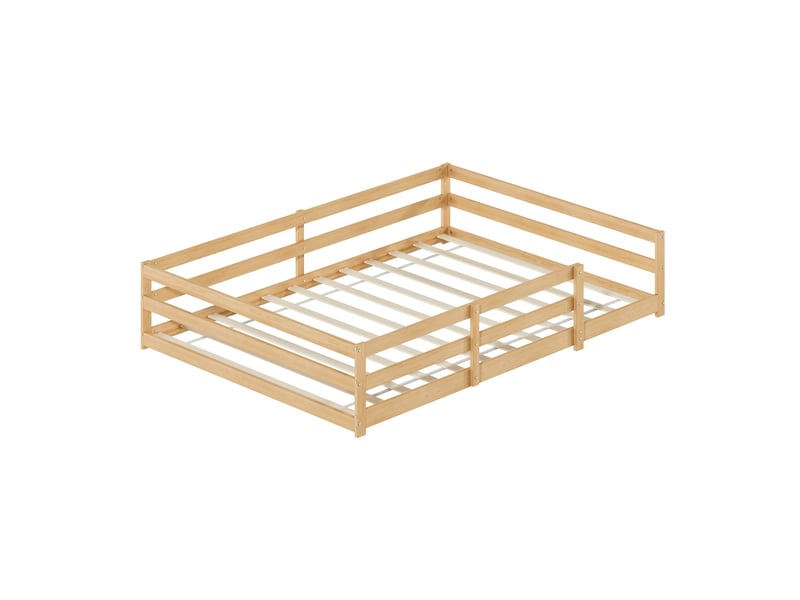  Lit montessori 140x200 cm avec barrière périphérique 40 cm, lit enfant avec sommier à lattes inclus, structure en pin massif naturel OPULERANE TRADING LTD - Conforama A