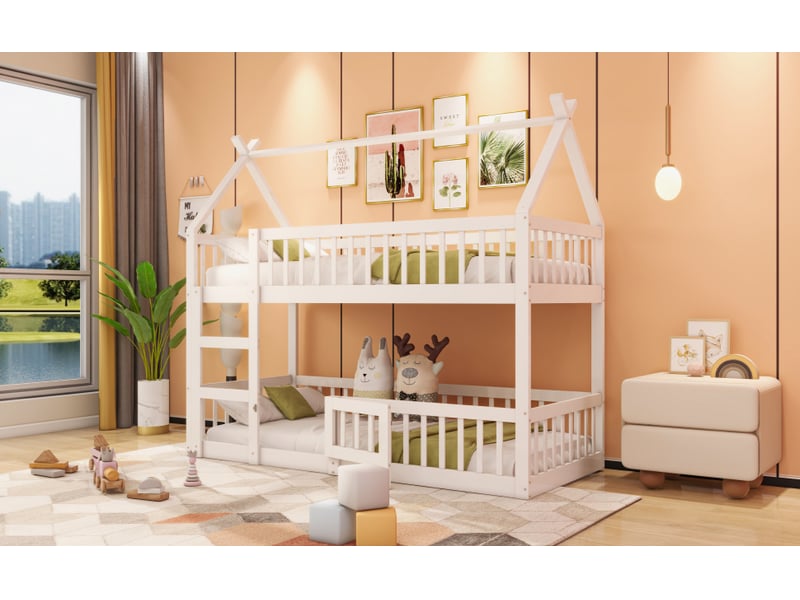  Lit superposé pour enfants 90x200 cm avec échelle, lit cabine avec cadre en bois massif, lit 1 personne, blanc  - Conforama D