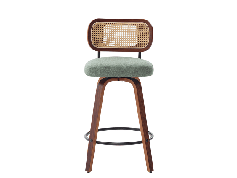 Lot de 2 tabourets de bar 42x56x90cm – avec dossier en rotin et assise rembourrée – noyer et vert - Conforama A