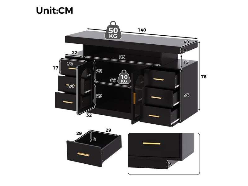  Buffet 140x40x82 cm avec led, 6 tiroirs et 2 portes vitrées noir  - Conforama C