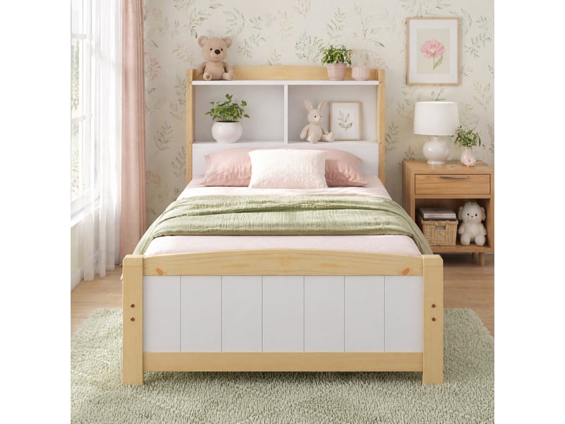 Lit simple 90x200 cm avec tête de lit de rangement, bois et mdf blanc - Conforama D