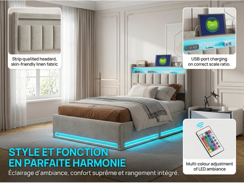  Lit coffre 90x200 cm - tiroirs de rangement - led rgb intégrée - usb type-c - tête de lit avec rangement - velours  - Conforama C