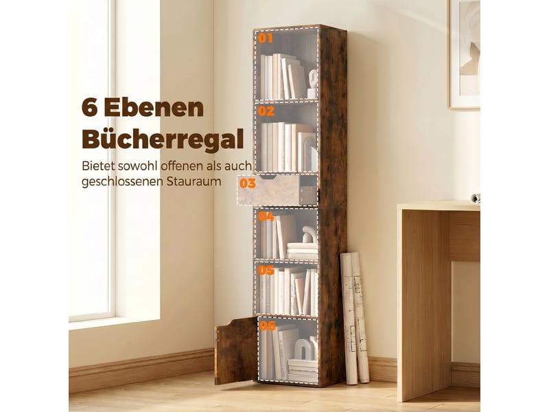  Bibliothèque à 6 niveaux, réglable sur 3 niveaux, avec tiroir, porte d'armoire, étagère personnalisable, étagère d'exposition, marron  - Conforama D