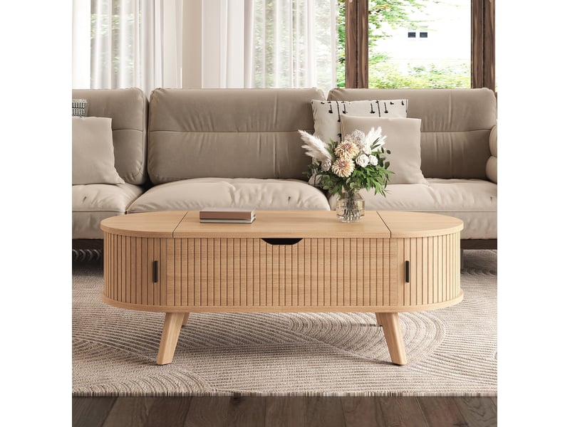  Table basse relevable avec 2 portes coulissantes, rangement caché et plateau hydraulique en mdf naturel pour salon  - Conforama E