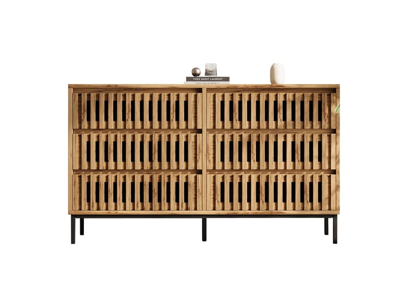 Buffet bas commode 6 tiroirs 120x40x81 cm, 5 pieds, mdf et panneaux de particules, bois clair - Conforama A