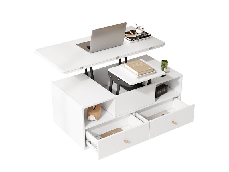  Table basse relevable et extensible blanche avec 4 tiroirs, 100x50 cm  - Conforama A