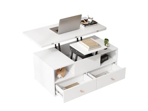 Table basse relevable et extensible blanche avec 4 tiroirs, 100x50 cm