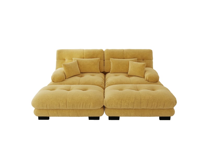  Canapé modulable en chenille jaune 2 places avec deux ottomans mobiles, coussins lombaires et décoratifs, assise profonde pour salon  - Conforama A