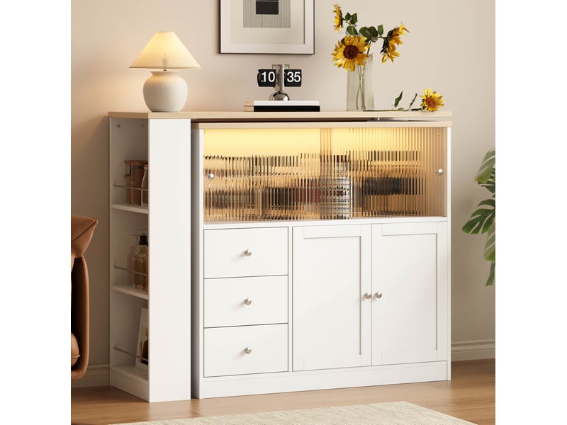  Îlot de cuisine 172x40x96 cm avec plateau pivotant, rangements et led blanc  - Conforama B