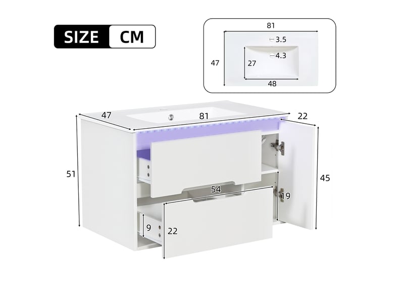  Meuble sous vasque mural avec 2 tiroirs, 1 porte, led et vasque en céramique pour salle de bain blanc 81 × 47 × 51 cm  - Conforama C