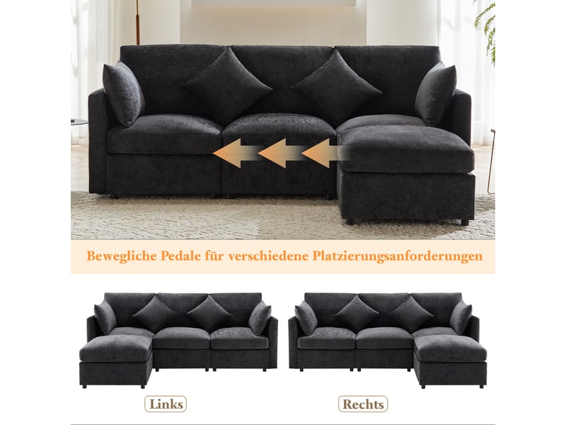 Canapé d'angle en l 216x161x81 cm avec repose-pieds et coussins confortables, tissu chenille, noir - Conforama R