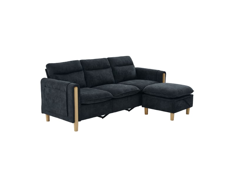  Canapé d’angle modulable 3 places avec pouf de rangement, méridienne réversible, tissu chenille, poches latérales, noir  - Conforama A