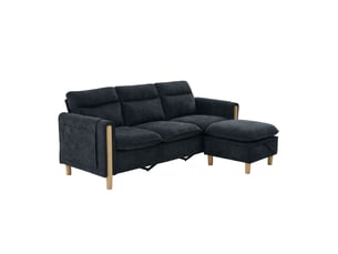 Canapé d’angle modulable 3 places avec pouf de rangement, méridienne réversible, tissu chenille, poches latérales, noir