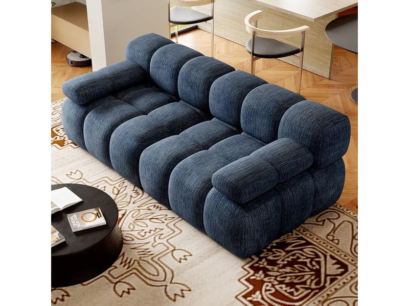  Canapé compressé 200 cm sans montage en mousse haute élasticité, canapé droit sans ossature au design arrondi pour salon, tissu chenille doux, bleu OPULERANE TRADING LTD - Conforama D