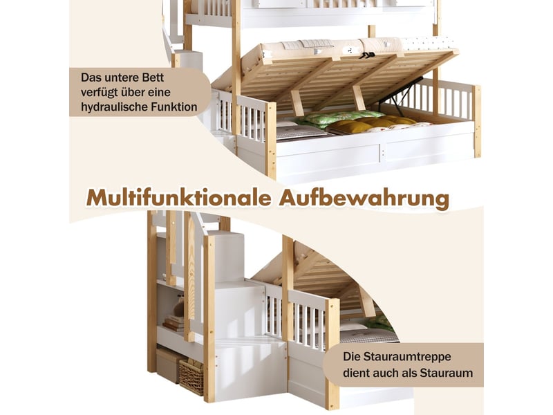  Lit superposé mezzanine bois massif 90x200+140x200 cm maison led escalier rangement fenêtre blanc naturel  - Conforama E