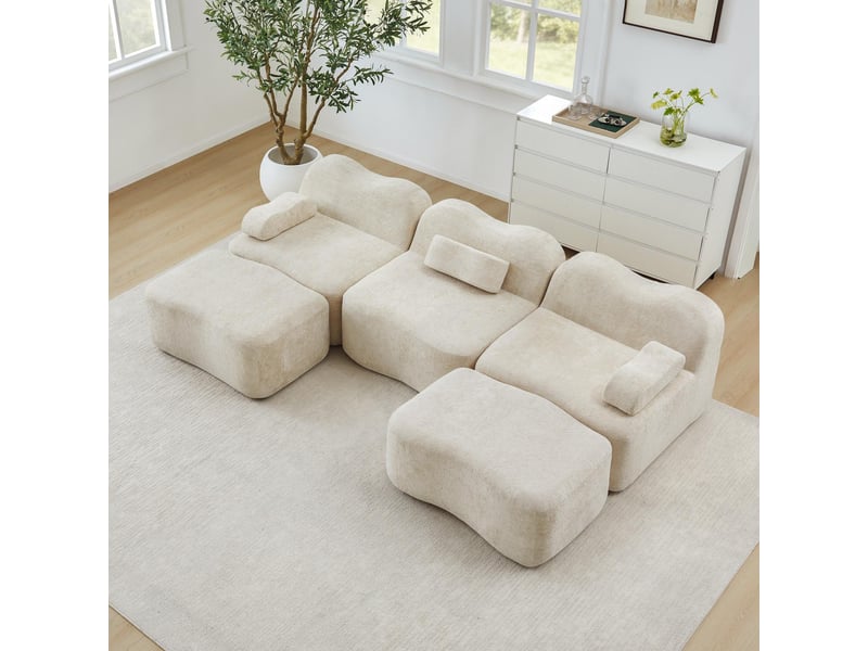 Canapé 3 places avec 2 poufs - 288x167x70 cm - canapé panoramique u velours mousse 32d sans structure rigide 900kg - beige - Conforama B