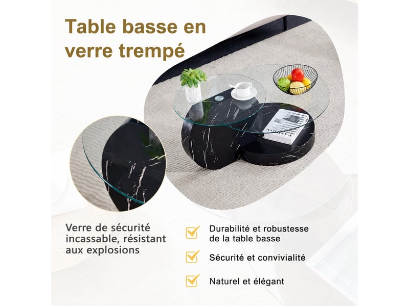 Muvano table basse en verre trempé avec double plateau de rangement, table de salon en mdf noir, 89,9 x 69,9 x 43,2 cm - Conforama D