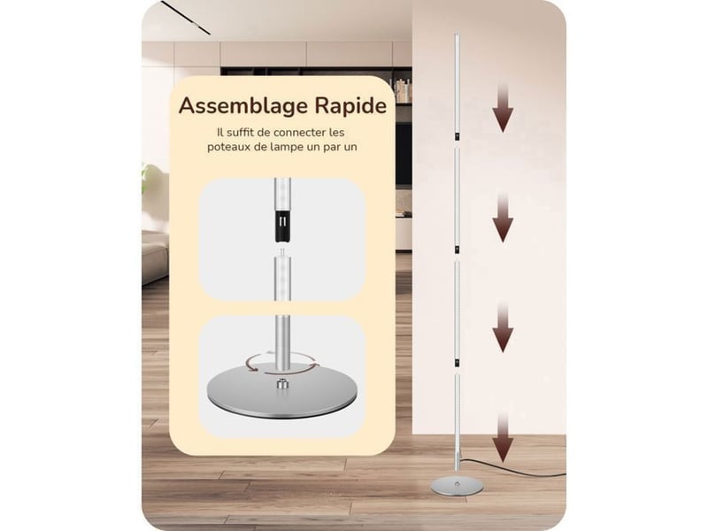  Lampadaire led 2 pieces dimmable 3000k avec interrupteur au pied 146 cm argent 370618_AAAYE92635_6_DROPFR - Conforama E