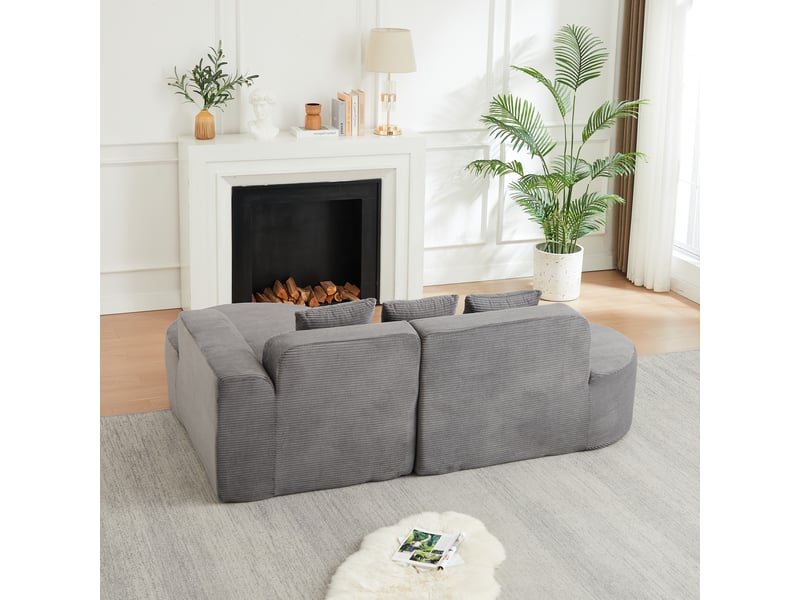 Canapé modulable en l 220 cm en velours côtelé, avec dossier et accoudoirs incurvés, 3 coussins - gris - Conforama E
