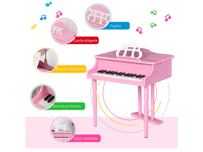 Piano à queue enfant en bois piano enfant clavier de piano 30 touches - tabouret et pupitre inlus - instrument de musique - mdf rose - Conforama D